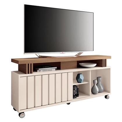 Imagem de Rack Bancada Rivera 1.3 com Mesa de Centro Sky com Tampo de Vidro Castanho Off White  HB Móveis