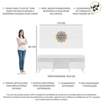 Imagem de Rack c/ Painel e Suporte p/ TV 65" e Pés Retrô Flórida Multimóveis Branco
