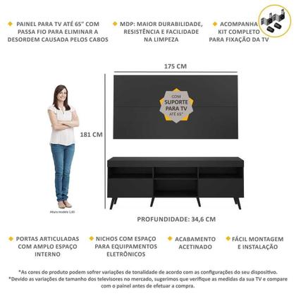 Imagem de Rack c/ Painel e Suporte p/ TV 65" e Pés Retrô Flórida Multimóveis Preto