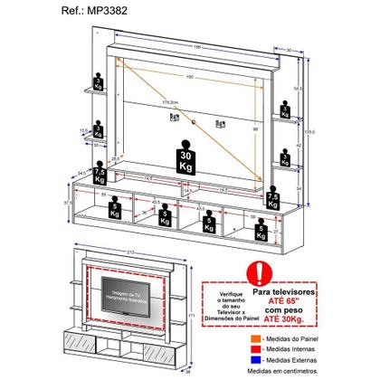 Imagem de Rack c/ Painel e Suporte TV 65" Portas c/ Espelho Oslo Multimóveis Branco/Tenerife