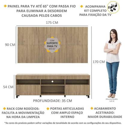 Imagem de Rack c/ Painel e Suporte TV 65" Rodízios e 2 portas Londres Multimóveis Rustic