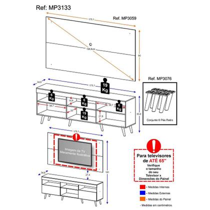 Imagem de Rack c/ Painel p/ TV até 65" e Pés Retrô Flórida Multimóveis Preto/Natural