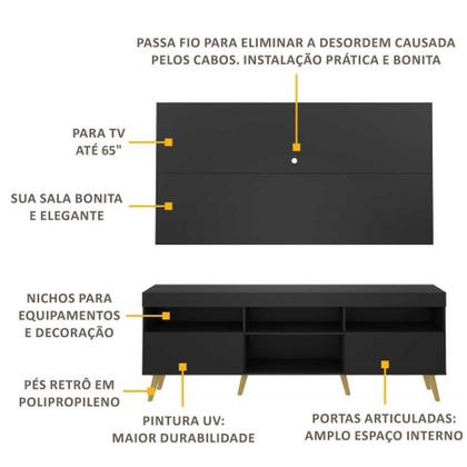 Imagem de Rack c/ Painel p/ TV até 65" e Pés Retrô Flórida Multimóveis Preto/Natural