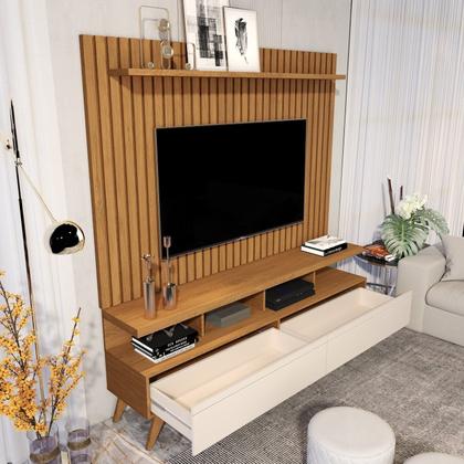 Imagem de Rack com Painel para Tv 60 Polegadas Pés em Madeira Maciça Ripado Real Vivare Wood 1.6