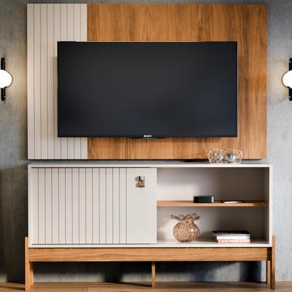 Imagem de Rack com Painel para TV até 50 Polegadas Com Porta De Correr Ripada  Sala Moderna e Elegante