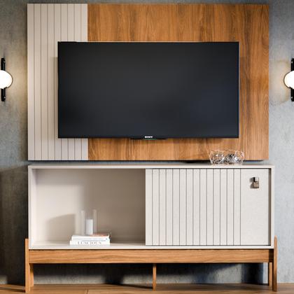 Imagem de Rack com Painel para TV até 50 Polegadas Com Porta De Correr Ripada  Sala Moderna e Elegante