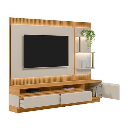 Imagem de Rack com Painel para TV Até 70 Polegadas São Paulo 2 Gavetas 1 Porta Ripado com Led Tauari/Off White Fosco - Linea Brasil