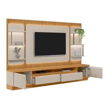 Imagem de Rack com Painel para TV Até 70 Polegadas São Paulo 2 Portas 2 Gavetas Ripado com Led Tauari/Off White Fosco - Linea Brasil