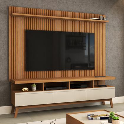 Imagem de Rack com Painel para TV Até 72 Polegadas Ripado Urban 3 Gavetas Off White/Freijó - Pm