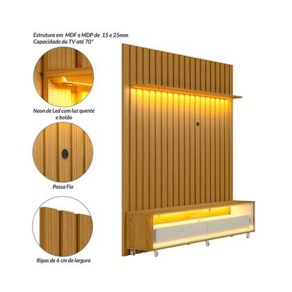 Rack com Painel Ripado até 70 Polegadas Sintra com LED 2 GV Cedro e Off White Alt 218 Larg 177 cm - Modern Imagem de Rack com Painel Ripado até 70 Polegadas Sintra com LED 2 GV Cedro e Off White Alt 218 Larg 177 cm