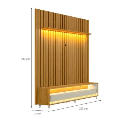 Rack com Painel Ripado até 70 Polegadas Sintra com LED 3 GV Cedro e Off White Alt 242 Larg 222 cm - Modern Imagem de Rack com Painel Ripado até 70 Polegadas Sintra com LED 3 GV Cedro e Off White Alt 242 Larg 222 cm
