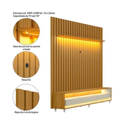 Rack com Painel Ripado até 70 Polegadas Sintra com LED 3 GV Cedro e Off White Alt 242 Larg 222 cm - Modern Imagem de Rack com Painel Ripado até 70 Polegadas Sintra com LED 3 GV Cedro e Off White Alt 242 Larg 222 cm