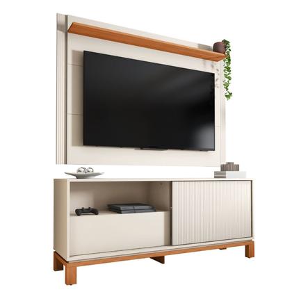 Imagem de Rack com Painel Ripado para TV até 55 Polegadas 150cmx108cm Mondrian Freijó Bege Off White/Freijo