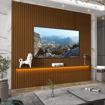 Imagem de Rack Com Painel Ripado Para TV Até 85 Polegadas Com Led Nobre 230 Kit Pé Castanho - Gelius Móveis