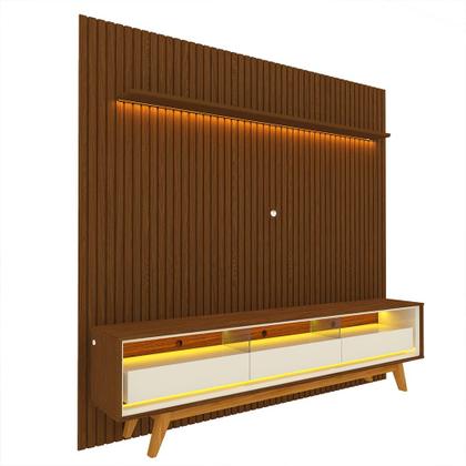 Imagem de Rack Com Painel Ripado Para TV Até 85 Polegadas Com Led Nobre 230 Kit Pé Castanho - Gelius Móveis