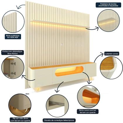 Imagem de Rack com Painel Ripado para TV até 90 Polegadas 1 Gaveta 2 Portas 230cm Nobre 100% MDF