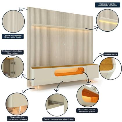 Imagem de Rack com Painel Ripado para TV até 90 Polegadas 1 Gaveta 2 Portas LED Pés Vidro 220cm Requinte Nobre 100% MDF