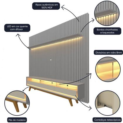 Imagem de Rack com Painel Ripado para Tv até 90 Polegadas Led 3 Gavetas com Pés 230cm Nobre 100% MDF