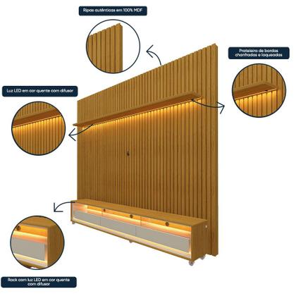 Imagem de Rack com Painel Ripado para TV até 90 Polegadas LED 3 Gavetas com Rodízios 230cm 100% MDF