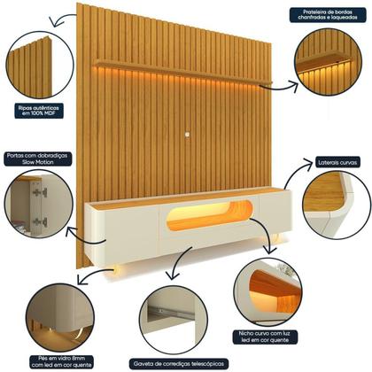 Imagem de Rack com Painel Ripado TV até 90 Polegadas 1 Gaveta 2 Portas LED 230cm Nobre 100% MDF