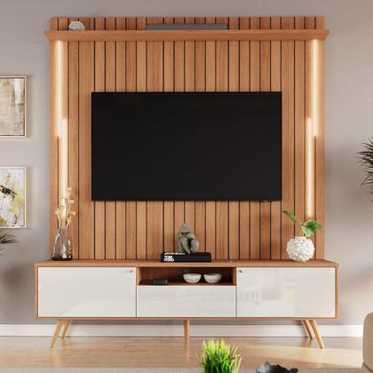 Imagem de Rack Com Painel Sevilla Led Efeito Ripado 3d Para Tv Até 70 Polegadas 183cm Jequitibá/Off White Perolizado