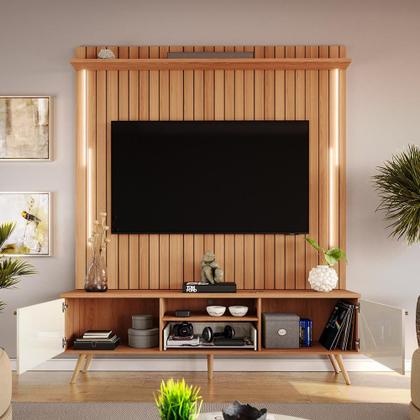 Imagem de Rack Com Painel Sevilla Led Efeito Ripado 3d Para Tv Até 70 Polegadas 183cm Jequitibá/Off White Perolizado
