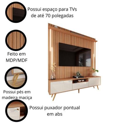 Imagem de Rack Com Painel Sevilla Led Efeito Ripado 3d Para Tv Até 70 Polegadas 183cm Jequitibá/Off White Perolizado
