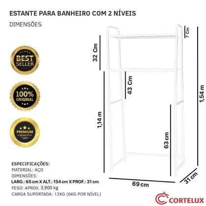 Imagem de Rack Estante Lavanderia Maquina de Lavar Branco Organizaçao Prateleira Aço Cortelux