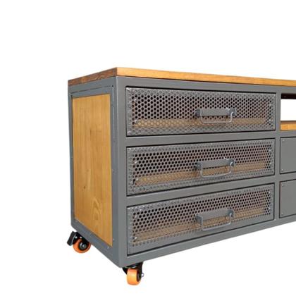 Imagem de Rack Industrial de Madeira e Ferro com 8 Gavetas e 4 Rodízios Cores Grafite e Castanheira