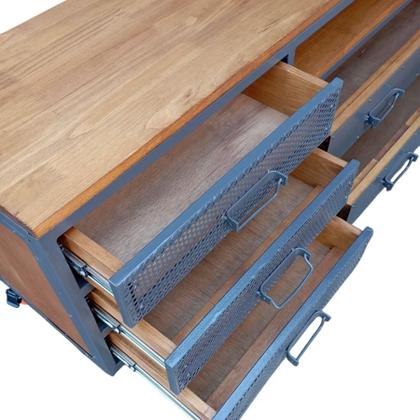 Imagem de Rack Industrial de Madeira e Ferro com 8 Gavetas e 4 Rodízios Cores Grafite e Castanheira