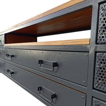 Imagem de Rack Industrial de Madeira e Ferro com 8 Gavetas e 4 Rodízios Cores Grafite e Castanheira