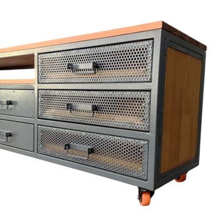 Imagem de Rack Industrial de Madeira e Ferro com 8 Gavetas e 4 Rodízios Cores Grafite e Castanheira