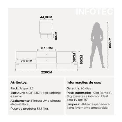 Imagem de Rack Jasper 220 cm Off White Fosco com Dourado