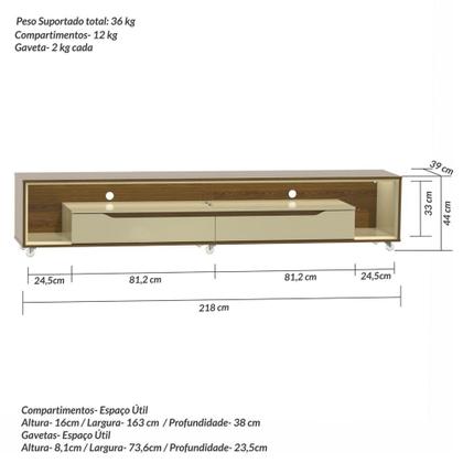 Imagem de Rack para Sala com Led e Rodízios P/Tv 70 Polegadas 220cm Loop - Olivar Móveis