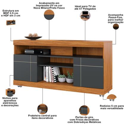 Imagem de Rack Para Sala com Painel Para TV 55 Pol Raya C04 Noce Milano Preto Fosco - Lyam Decor