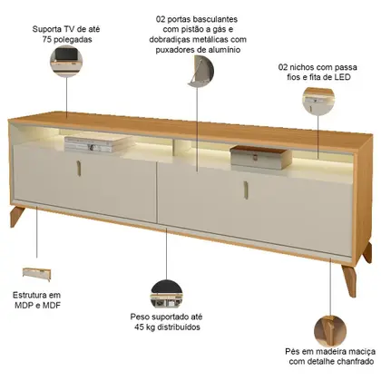 Imagem de Rack Para Sala de Estar TV 75 Pol Com LED 182cm Naomi L05 Tauari Off White Fosco - Lyam Decor
