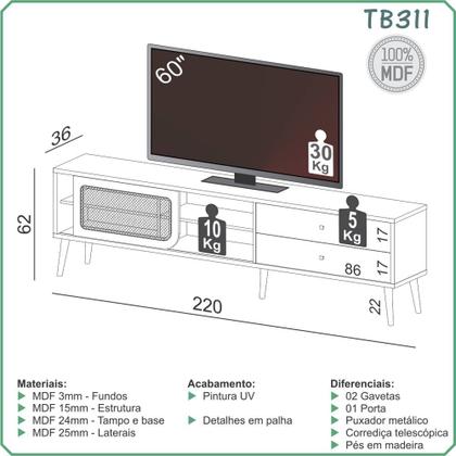 Imagem de Rack para TV até 60" 01 porta com tela Palhinha e 02 Gavetas 220cm 100% MDF TB311 Dalla Costa