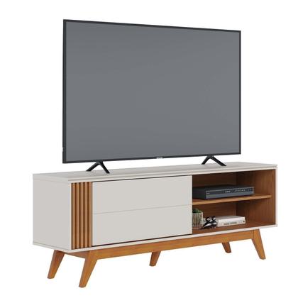 Imagem de Rack Ripado para TV até 60 Polegadas com Pés Madeira Maciça e Porta Deslizante Otawa