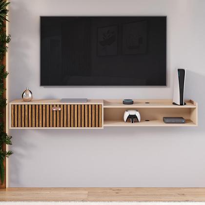 Imagem de Rack Suspenso 1.8 Estante Home Supremo King Tv Smart 55 60 65 70 Pol. 1 Porta Nicho Puxador Concha Sala Quarto - Fendi/Ripado - Lojas RPM