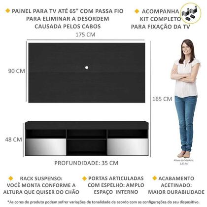 Imagem de Rack Suspenso com Espelho, Painel e Suporte TV 65" com 2 Portas Londres Multimóveis Preto