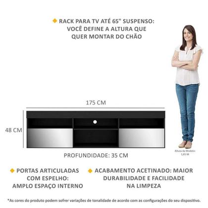 Imagem de Rack Suspenso com Espelho para TV até 65" Multimóveis Paris FG3331 com 2 Portas Preto
