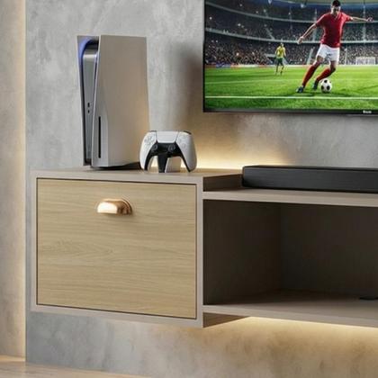 Imagem de Rack Suspenso Pequeno Home Shop Bancada TV 42" Nicho Decorativo Porta Basculante Puxador Concha Sala Quarto