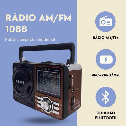 Imagem de Rádio AM FM Retrô Vintage Portátil Bluetooth Bateria Recarregável Bivolt 110v 220v 1088 Antigo a Tomada e Pilha com Lanterna