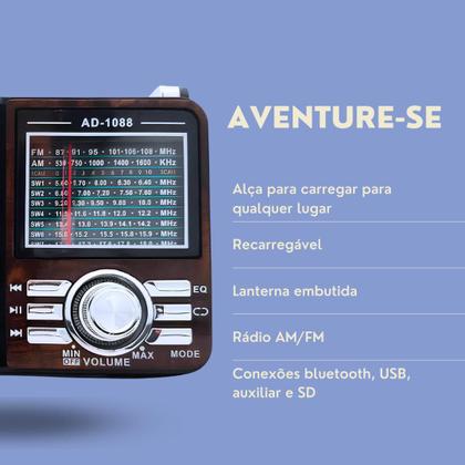 Imagem de Rádio AM FM Retrô Vintage Portátil Bluetooth Bateria Recarregável Bivolt 110v 220v 1088 Antigo a Tomada e Pilha com Lanterna