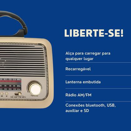 Imagem de Rádio AM FM Retrô Vintage Portátil Bluetooth Bateria Recarregável Bivolt 110v 220v 3199 Antigo a Tomada e Pilha com Lanterna