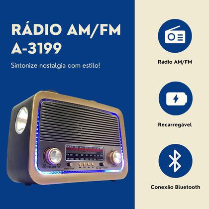 Imagem de Rádio AM FM Retrô Vintage Portátil Bluetooth Bateria Recarregável Bivolt 110v 220v 3199 Antigo a Tomada e Pilha com Lanterna