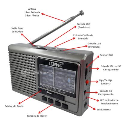 Imagem de Rádio AM/FM/SW Com MP3 e Lanterna Portátil Multifunções AM/FM/SW MP3 LE676