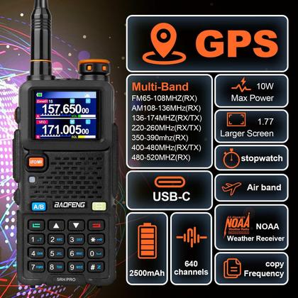 Imagem de Rádio amador portátil de longo alcance BAOFENG 5RH PRO GPS 10W, rádio bidirecional portátil de longo alcance, 640 canais, receptor meteorológico NOAA, walkie-talkies com fone de ouvido, bateria recarregável USB-C de 2500mAh, atualização do baofeng 5RM,2 unidades
