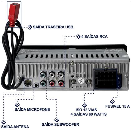 Imagem de Rádio Auto Som Automotivo Aparelho MP3 Conexão Bluetooth 2 entrada USB SD Saída Subwoofer ES-3307C