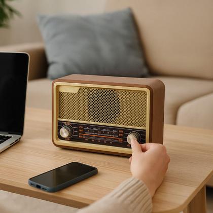 Imagem de Rádio Clássico Retrô FM AM SM Cartão TF Músicas Controle Remoto Energia Elétrica Bateria Tecnologia